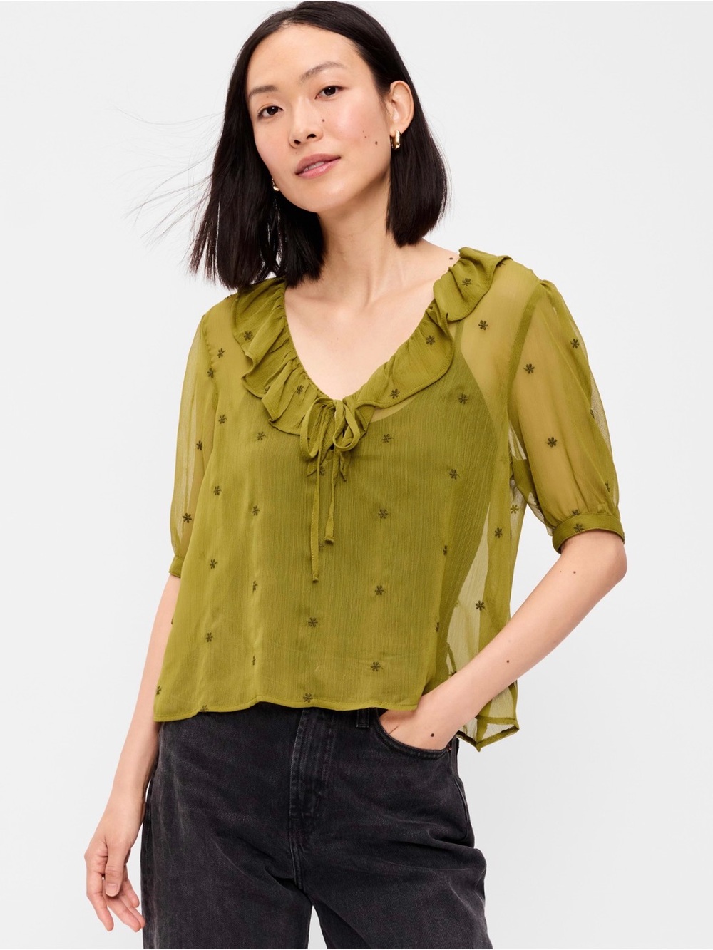 NWT Old Navy Sheer Ruffle Collar Tie-Front Chiffon
Top